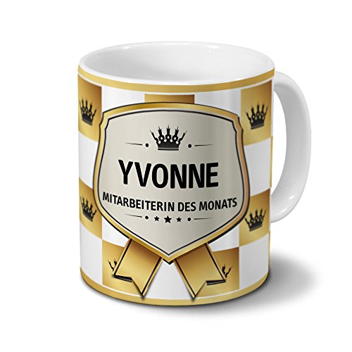 printplanet Tasse mit Namen Yvonne - Motiv Mitarbeiterin des Monats - Namenstasse, Kaffeebecher, Mug, Becher, Kaffeetasse - Farbe Weiß von printplanet