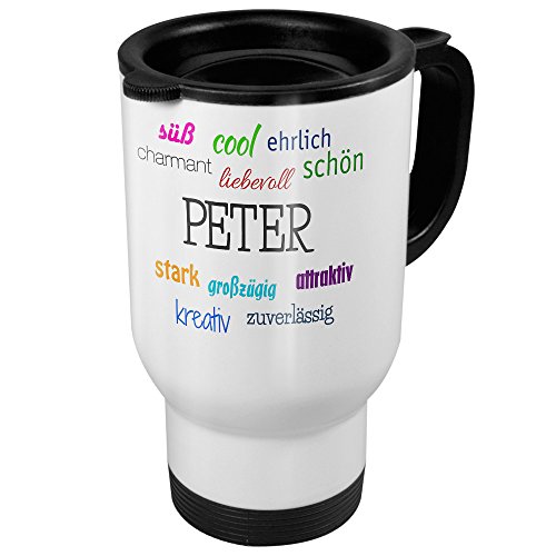 printplanet Thermobecher weiß mit Namen Peter - Motiv Positive Eigenschaften - Coffee to Go Becher, Thermo-Tasse von printplanet