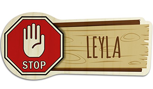 printplanet Türschild aus Holz mit Namen Leyla - Motiv Stopschild mit Hand - Namensschild, Holzschild, Kinderzimmer-Schild von printplanet