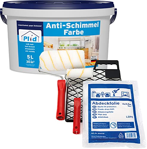 plid® Anti Schimmelfarbe Innen Weiß für alle Wände [ANSTREICH-SET] - Antischimmelfarbe für feuchte Räume, Bad & Küche - Schimmel Farbe - Effektiver Schutz gegen Schimmel - Made in Germany Weiß 5l von plid