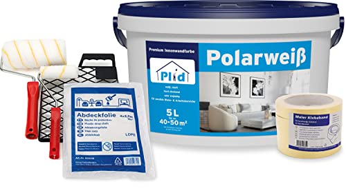 plid® Polarweiss Innenfarbe Weiß matt - geruchsarme Wandfarbe & Deckenfarbe mit hohe Deckkraft - sehr ergiebig - geruchsarm - für sensible Wohn- und Arbeitsbereiche - Made in Germany (5l - Streichset) von plid