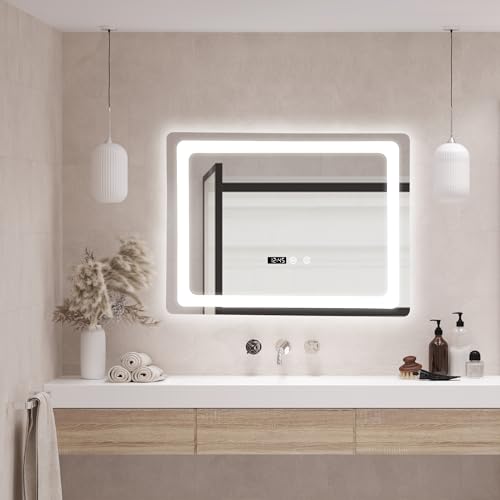 pro.tec LED-Badspiegel Casoli Wandspiegel mit Beleuchtung Warmweiß Neutral Kaltweiß Lichtspiegel 45x60cm mit Touch, Uhr, Temperatur, Antibeschlag, Memory-Funktion dimmbar Silber von pro.tec