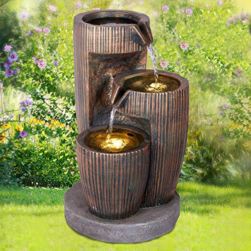 Gartenbrunnen Brunnen Zierbrunnen Zimmerbrunnen Springbrunnen Brunnen mit LED-Licht 230V Wasserfall Wasserspiel für Garten, Gartenteich, Terrasse, Balkon (DREIERLEI mit LED Licht - 230V) von profi-pumpe.de