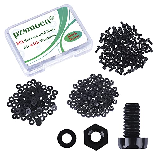 Pzsmocn 300 Stück / 100 Sätze M2 Schwarzes Nylon Schrauben und Muttern Kit mit Nylon Unterlegscheiben. M2 * 5 mm Kunststoff-Nylon-Kreuzschlitzschraube, Isolierscheibe und M2-Sechskantmutter-Kit. von pzsmocn