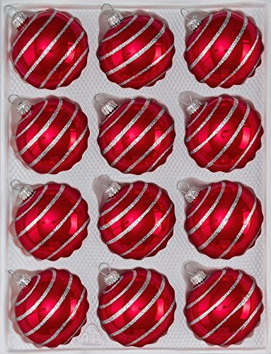 12 tlg. Glas-Weihnachtskugeln Set in "Hochglanz Rot Candy" Silberne-Spiralen - Neuheit - " Christbaumkugeln - Weihnachtsschmuck-Christbaumschmuck von qdwq-US