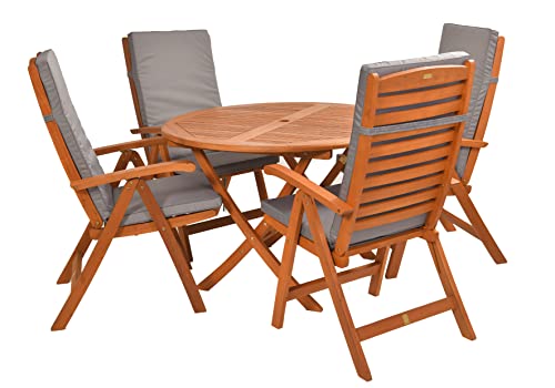 Rattanland | Gartenmöbel Set Premium Bradford 110 aus Eucalyptus-Holz mit 4 Calgary-Sitzen (graue Kissen) von rattanland HOME & GARDEN