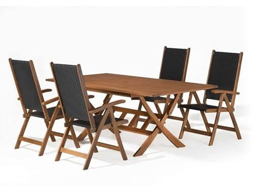 Rattanland | Gartenmöbel Set aus Eukalyptusholz Bradford mit 4 Notingham Stühlen mit Technorattan, Stühle mit 5-Fach Verstellbarer Rückenlehne - EIN solides Set. FSC-zertifiziertes Holz von rattanland HOME & GARDEN
