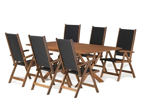 Rattanland | Gartenmöbel Set aus Eukalyptusholz Bradford mit 6 Notingham Stühlen mit Technorattan, Stühle mit 5-Fach Verstellbarer Rückenlehne - EIN solides Set. FSC-zertifiziertes Holz von rattanland HOME & GARDEN