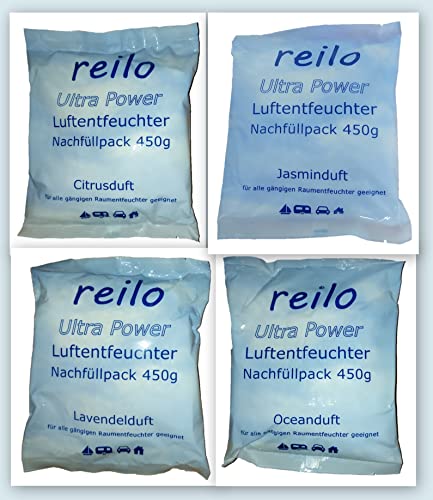 reilo Duftset = 4X 450g Ultra Power Duft- Luftentfeuchtergranulat (je 1x Citrus-, Jasmin-, Lavendel- und Oceanduft) von reilo