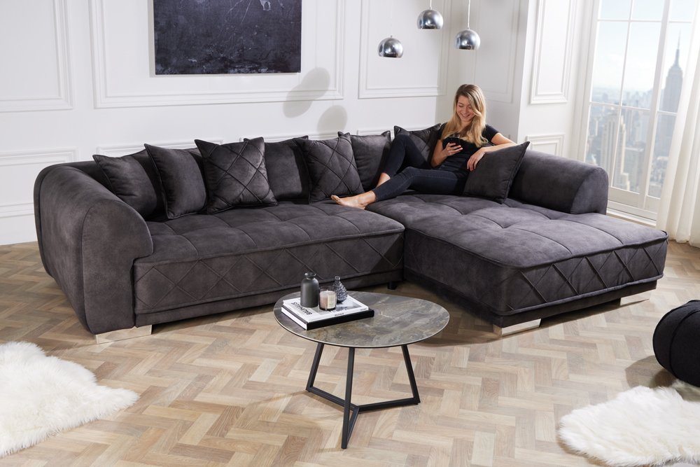 riess-ambiente Ecksofa DECADENCIA 320cm dunkelgrau, Einzelartikel 1 Teile, Wohnzimmer · Samt · XXL · L-Form · Couch inkl. Kissen · Modern Design von riess-ambiente