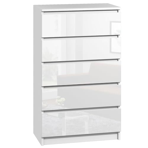 roe furniture Kommode mit 5 Schubladen - Modern Schubladenschrank - Komodenschrank - Schubladenkommode 70 cm Breit - Weiß Hochglanz von roe furniture