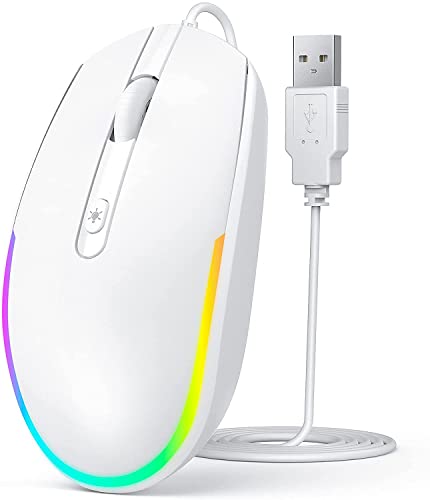 Seenda Maus mit Kabel, LED-RGB-Hintergrundbeleuchtung, mit 1,5 m USB-Kabel, 1600 DPI, geräuschlos, ergonomisch, tragbar, für Computer, Laptop, kabelgebundene Mäuse für alle USB-fähigen Geräte, Weiß von seenda