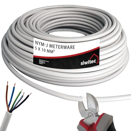 siwitec NYM-J 5x10 mm² Kabel, Mantelleitung, Installationskabel, Feuchtraumkabel in grau, exakt zugeschnittene Meterware in Profi-Qualität, Länge (aktuelle Auswahl) = 7 Meter von siwitec