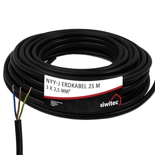 siwitec NYY-Kabel, NYY-J 3x2,5 mm², 25 m, Erdkabel, Installationskabel, Erdleitung, Kabelring - Made in Germany von siwitec
