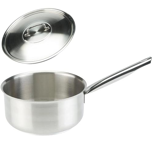 SKK kleine Gastro Stielkasserolle Ø 16 cm - induktiver 18/10 Edelstahl Soßentopf mit Griff für Großküchen & Edelstahl-Deckel von SKK