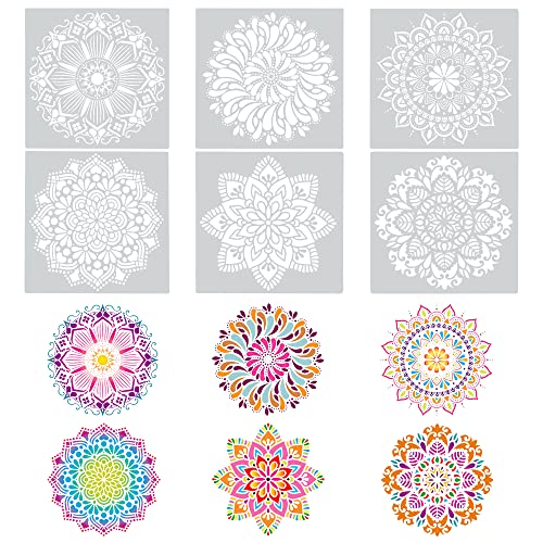 skytowards 6 Stück Mandala Schablonen Stencils Groß Wandschablone Dotting Schablonen Blume Wiederverwendbares Blumenschablone Malschablonen Malerei Vorlage Zeichenschablonen für Fenster (30x30CM) von skytowards