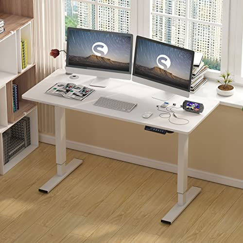 sogesfurniture höhenverstellbarer Schreibtisch elektrisch, 140x60cm Büro Arbeitstisch Comptertisch Sitz- & Stehpult, gespleißte Platte, Memory-Funktion mit 4 Höhen, Weiß von sogesfurniture