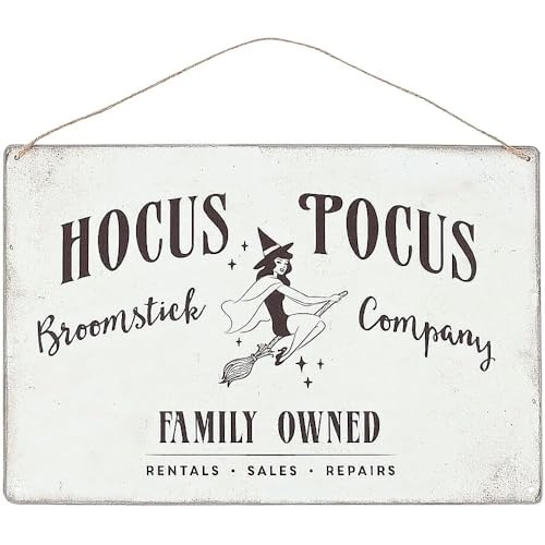 Something Different Vintage-inspiriertes Hocus Pocus Broomstick Company Metallschild zum Aufhängen, Weißblech, mehrfarbig, 30 von something different