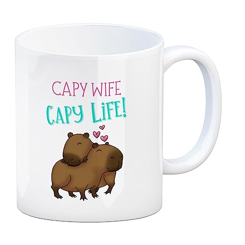 Capy wife capy life Kaffeebecher mit zwei verliebten Capybaras Happy Wife Happy Life eine süße Tasse für die Ehefrau oder Freundin zum Valentinstag Wasserschwein Kaffeetasse Love von speecheese