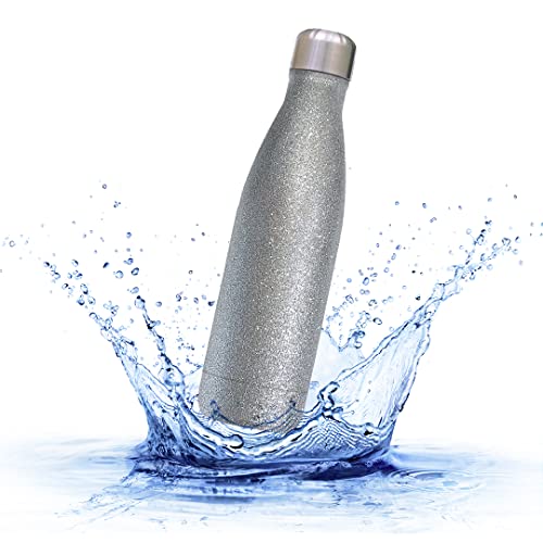 Sprengers – Trinkflasche aus Edelstahl – auslaufsichere & thermoisolierte Wasserflasche hält Getränke bis zu 18 Stunden warm oder kalt (Silber Glitzer, 0,5 l) von sprengers