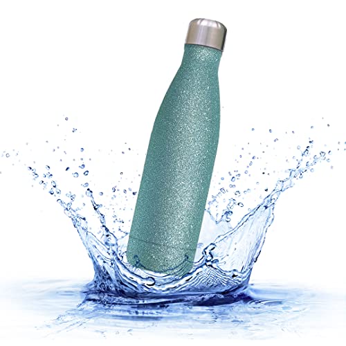 Sprengers – Trinkflasche aus Edelstahl – auslaufsichere & thermoisolierte Wasserflasche hält Getränke bis zu 18 Stunden warm oder kalt (Türkis Glitzer, 0,5 l) von sprengers