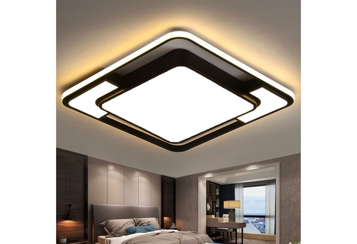 style home Deckenleuchte LED Deckenlampe dimmbar mit Fernbedienung, 90W, Warmweiß bis Kaltweiß 3000K-6000K, quadratisch 42x6 cm, Schwarz, für Wohnzimmer Büro von style home