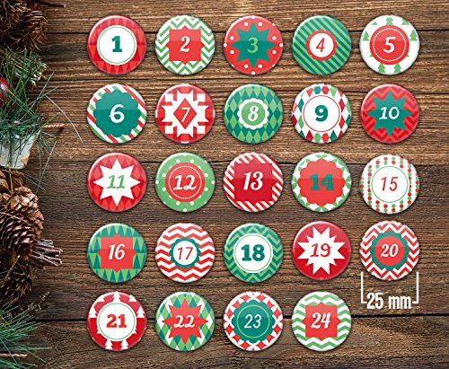 stylebutton® 24 Adventskalender Buttons: Bunte, nummerierte Anstecker Xmas 2" zum selber Basteln von DIY-Weihnachts-Kalendern und zum Dekorieren von Devoko