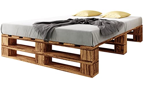 sunnypillow Palettenbett M2 aus Holz 160 x 200 cm mit Lattenrost, Doppelbett, Familienbett - erhöhtes Ehebett Bettgestell Futonbett Komforthöhe Geflammt Massivholzbett von sunnypillow