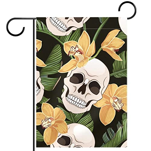 tropischer Zuckerschädel hinterlässt Blumen Gartenflagge 12x18 Zoll,Kleine Hofflaggen,doppelseitige vertikale Banner-Außendekoration von suojapuku