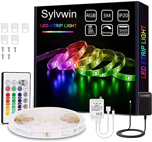 sylvwin LED Streifen 5m RGB, LED Strip Lichterkette mit Fernbedienung,LED Stripes Lichtband Selbstklebend mit 16 Farbwechsel,4 Modi für Zuhause,Schlafzimmer,TV,Schrankdeko, Party,SMD 5050 LED Bänder von sylvwin