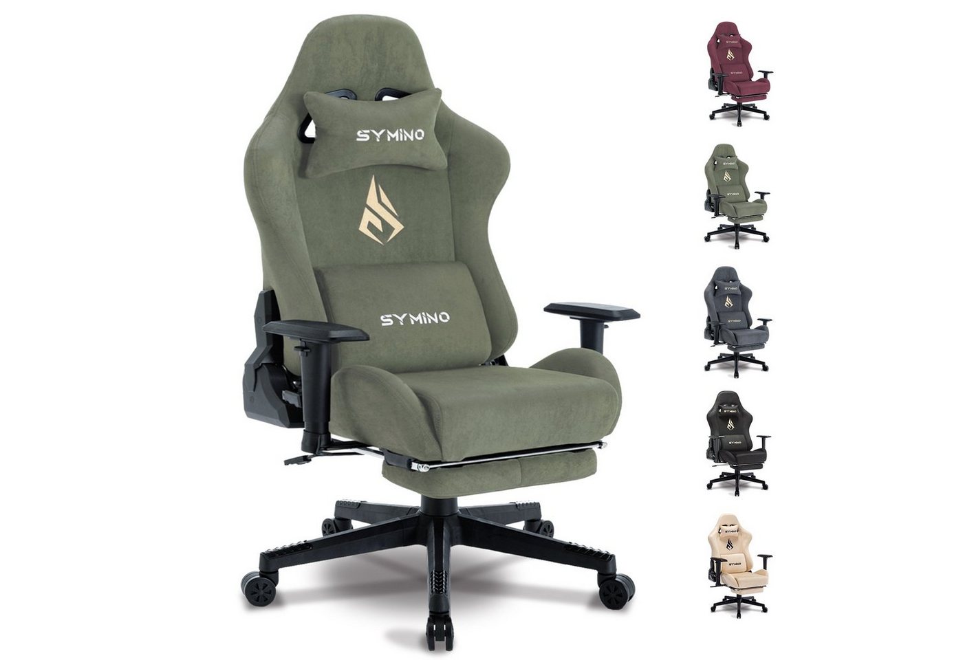 symino Gaming-Stuhl Drehstuhl, verstellbare Armlehnen und Rückenlehne, Memory Foam Kissen, mit Fußstütze, Grün von symino