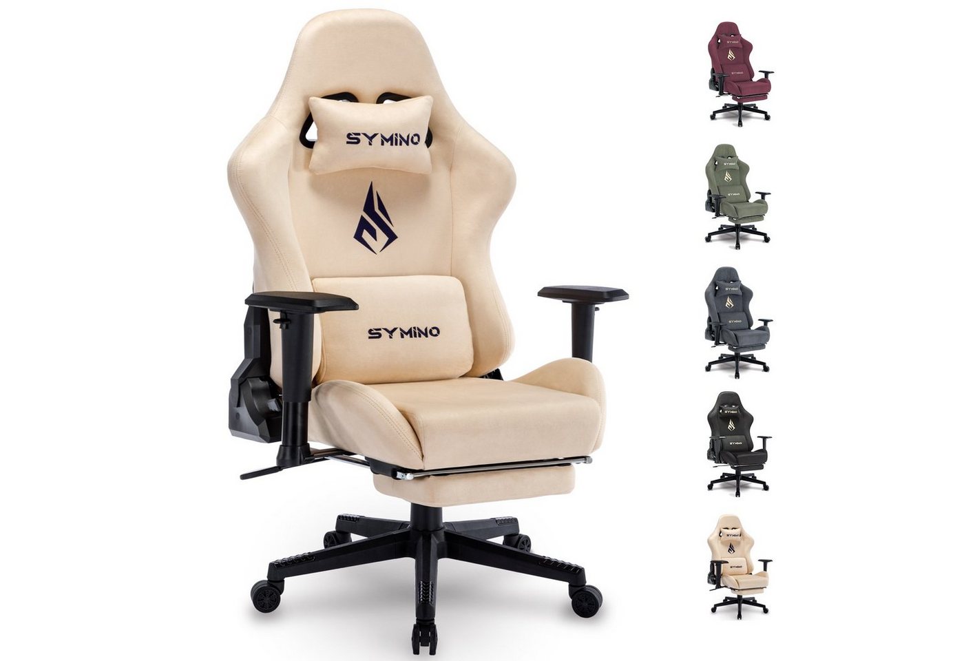 symino Gaming-Stuhl Drehstuhl, verstellbare Armlehnen und Rückenlehne, Memory Foam Kissen mit Fußstütze, Cremefarbe von symino