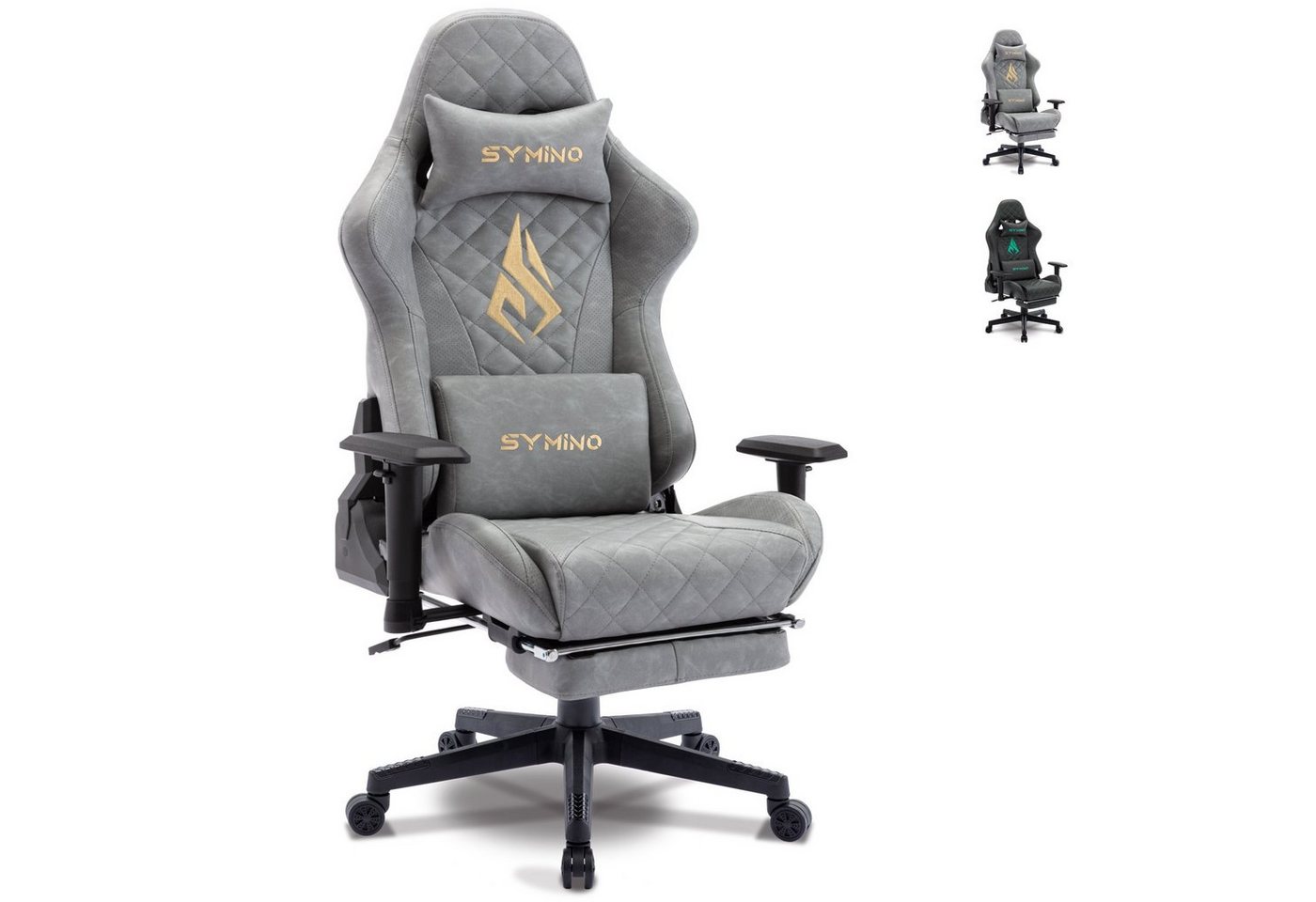 symino Gaming-Stuhl Ergonomischer Stuhl, Racing Style, Retro Style PU Leder Computerstuhl, mit verstellbaren Armlehnen und Rückenlehne, mit Fußstütze, Grau von symino