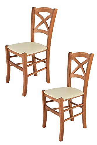 Tommychairs - 2er Set Stühle CROSS für Küche und Esszimmer, Robuste Struktur aus lackiertem Buchenholz im Farbton Kirschholz und gepolsterte Sitzfläche mit Kunstleder in der Farbe Elfenbein bezogen von t m c s