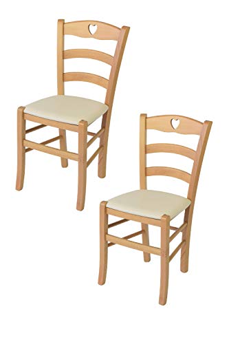 Tommychairs - 2er Set Stühle CUORE für Küche und Esszimmer, Robuste Struktur aus lackiertem Buchenholz im Farbton Naturfarben und gepolsterte Sitzfläche mit Kunstleder in der Farbe Elfenbein bezogen von t m c s