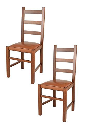 Tommychairs - 2er Set Stühle RUSTICA für Küche und Esszimmer, Struktur aus Buchenholz, in der Farbe Hell Nussbraun und gepolsterte Sitzfläche mit Kunstleder in der Farbe Hell Lederfarbe bezogen von t m c s
