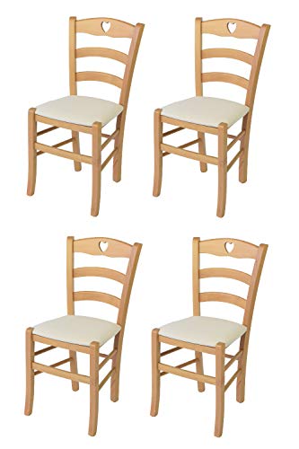 Tommychairs - 4er Set Stühle CUORE für Küche und Esszimmer, Robuste Struktur aus lackiertem Buchenholz im Farbton Naturfarben und gepolsterte Sitzfläche mit Stoff in der Farbe Elfenbein bezogen von t m c s