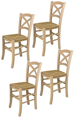 t m c s Tommychairs - 4er Set Stühle Cross für Küche und Esszimmer, robuste Struktur aus poliertem Buchenholz, unbehandelt und 100% natürlich, Sitzfläche aus echtem Stroh von t m c s