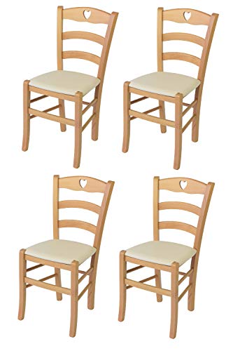 Tommychairs - 4er Set Stühle CUORE für Küche und Esszimmer, Robuste Struktur aus lackiertem Buchenholz im Farbton Naturfarben und gepolsterte Sitzfläche mit Kunstleder in der Farbe Elfenbein bezogen von t m c s