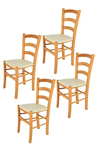 Tommychairs - 4er Set Stühle VENICE für Küche und Esszimmer, Robuste Struktur aus lackiertem Buchenholz im Farbton Honig und gepolsterte Sitzfläche mit Kunstleder in der Farbe Elfenbein bezogen von t m c s