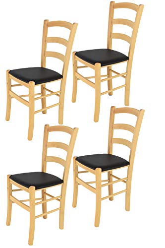 Tommychairs - 4er Set Stühle Venice für Küche und Esszimmer, robuste Struktur aus lackiertem Buchenholz im Farbton Naturfarben und gepolsterte Sitzfläche mit Kunstleder in der Farbe Schwarz bezogen von t m c s