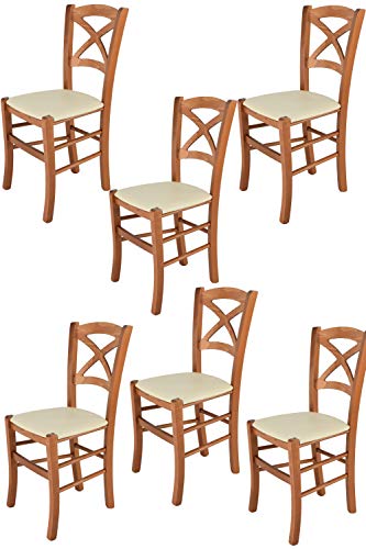 Tommychairs - 6er Set Stühle CROSS für Küche und Esszimmer, Robuste Struktur aus lackiertem Buchenholz im Farbton Kirschholz und gepolsterte Sitzfläche mit Kunstleder in der Farbe Elfenbein bezogen von t m c s