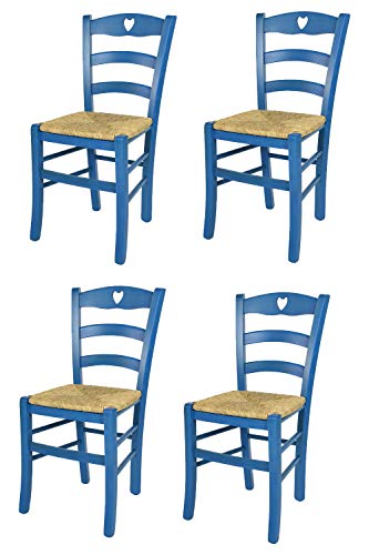 t m c s Tommychairs - 4er Set Stühle Cuore für Küche und Esszimmer, Robuste Struktur aus Buchenholz, in Anilinfarbe Blau lackiert und Sitzfläche aus Stroh von t m c s