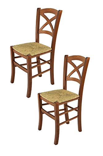t m c s Tommychairs - 2er Set Stühle Cross für Küche und Esszimmer, Robuste Struktur aus lackiertem Buchenholz im Farbton Helles Nussbraun und Sitzfläche aus Stroh von t m c s