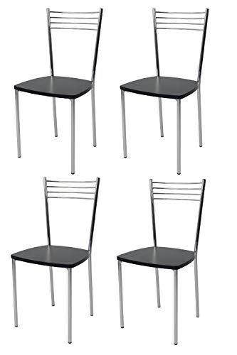 t m c s Tommychairs - 4er Set Moderne Stühle Elena für Küche und Esszimmer, Robustes Gestell aus verchromtem Stahl, Sitzfläche aus Holz in der Anilinfarbe Schwarz von t m c s