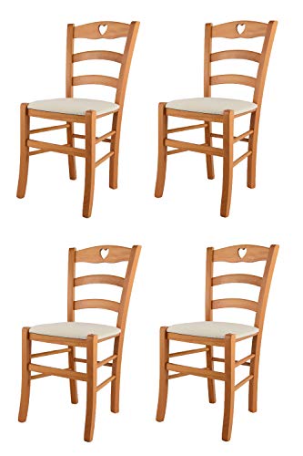 t m c s Tommychairs - 4er Set Stühle Cuore für Küche und Esszimmer, Robuste Struktur aus lackiertem Buchenholz im Farbton Honig und gepolsterte Sitzfläche mit Stoff in der Farbe Elfenbein bezogen von t m c s