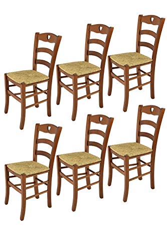 t m c s Tommychairs - 6er Set Stühle Cuore für Küche und Esszimmer, Robuste Struktur aus lackiertem Buchenholz im Farbton Helles Nussbraun lackiert und Sitzfläche aus Stroh von t m c s
