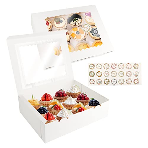 talifoca 10 Stück Cupcake Boxen, Cupcake Muffin Box mit transparentem Sichtfenster und Aufklebern, stabile weiße Kartonbox zum Tortendekorieren und Cupcake Transportieren, 12 Löcher von talifoca