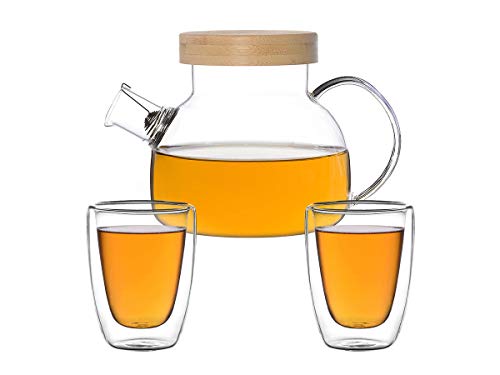 Glas-Teekanne 900ml mit Holzdeckel und Edelstahl-Spiralsieb + 2 Teecups aus Glas je 200ml von tea4chill