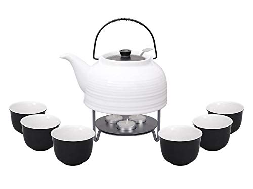 Teeservice „Nelly“. Moderne Teekanne 1,5 Liter in weiß-schwarz aus hitzebeständiger Keramik mit Edelstahlfilter, 6 Teecups 120ml in weiß-schwarz und Metall-Stövchen. von tea4chill